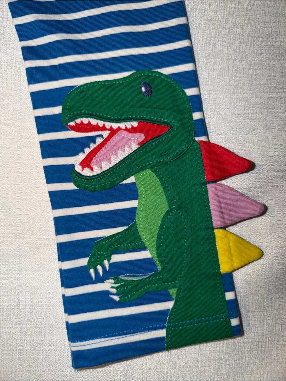 Mini Boden Blue & White Striped Leggings with Green Dino Applique